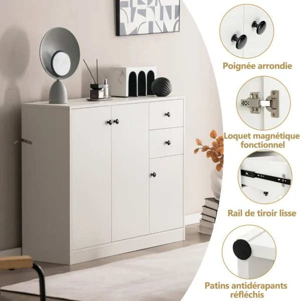 Buffet Salon avec 2 Placards à Porte et 2 Tiroirs Meuble de Rangement Commode Blanc Étagères Réglables Dispositif Anti-basculement pour Salon 106 x 34 x 85,5 cm