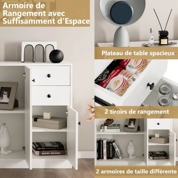 Buffet Salon avec 2 Placards à Porte et 2 Tiroirs Meuble de Rangement Commode Blanc Étagères Réglables Dispositif Anti-basculement pour Salon 106 x 34 x 85,5 cm