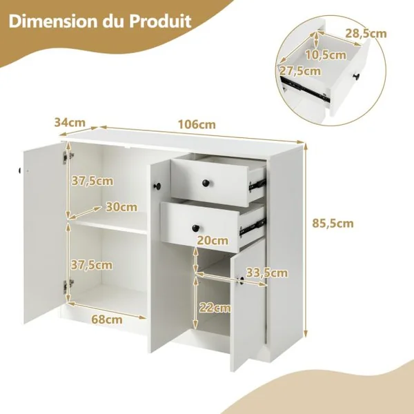 Buffet Salon avec 2 Placards à Porte et 2 Tiroirs Meuble de Rangement Commode Blanc Étagères Réglables Dispositif Anti-basculement pour Salon 106 x 34 x 85,5 cm