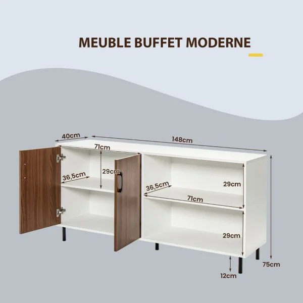 Buffet Salon avec 2 Portes et 2 Compartiments Meuble de Rangement Commode 4 Pieds Métalliques Surélevés 148 x 40 x 75 cm Marron+Blanc