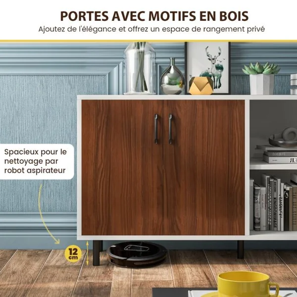 Buffet Salon avec 2 Portes et 2 Compartiments Meuble de Rangement Commode 4 Pieds Métalliques Surélevés 148 x 40 x 75 cm Marron+Blanc