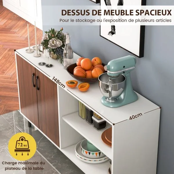 Buffet Salon avec 2 Portes et 2 Compartiments Meuble de Rangement Commode 4 Pieds Métalliques Surélevés 148 x 40 x 75 cm Marron+Blanc