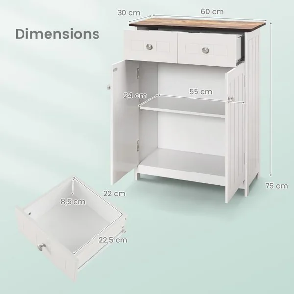 Buffet Salon avec 2 Portes et 2 Tiroirs Etagère Réglable pour Cuisine Salle à Manger Salon 60 x 30 x 75 cm Blanc