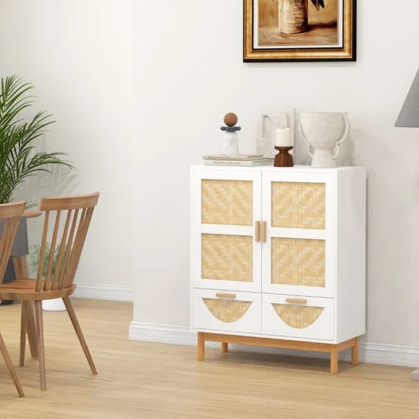 Buffet à 2 Portes Meuble de Rangement au Sol avec Portes Tissées en Bambou 2 Tiroirs & Étagère Réglable Meuble de Rangement Blanc