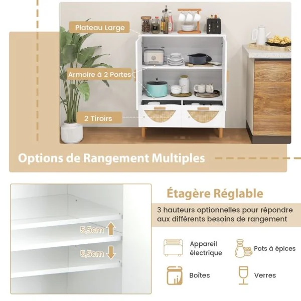 Buffet à 2 Portes Meuble de Rangement au Sol avec Portes Tissées en Bambou 2 Tiroirs & Étagère Réglable Meuble de Rangement Blanc