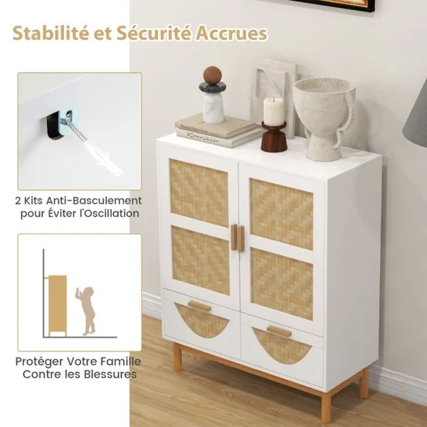 Buffet à 2 Portes Meuble de Rangement au Sol avec Portes Tissées en Bambou 2 Tiroirs & Étagère Réglable Meuble de Rangement Blanc