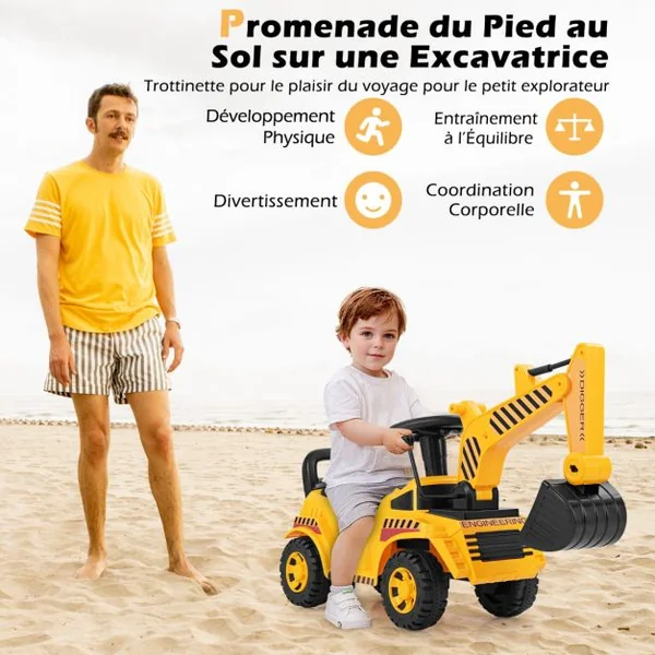 Bulldozer pour Enfants avec Pelle Réglable Bloc Anti-basculement Son du Moteur Jouet de Construction Pied au Sol pour 19-36 Mois Jaune
