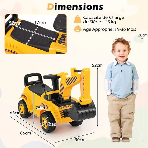 Bulldozer pour Enfants avec Pelle Réglable Bloc Anti-basculement Son du Moteur Jouet de Construction Pied au Sol pour 19-36 Mois Jaune