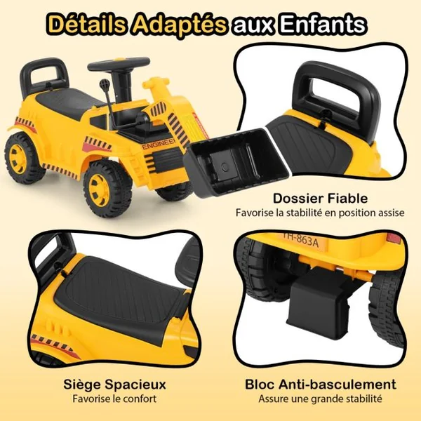 Bulldozer pour Enfants Pelleteuse avec Godet Réglable Son de Moteur Rangement Véhicule de Construction Pied au Sol pour 19 à 36 Mois Jaune
