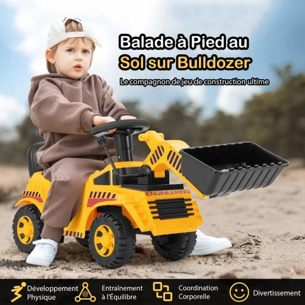 Bulldozer pour Enfants Pelleteuse avec Godet Réglable Son de Moteur Rangement Véhicule de Construction Pied au Sol pour 19 à 36 Mois Jaune