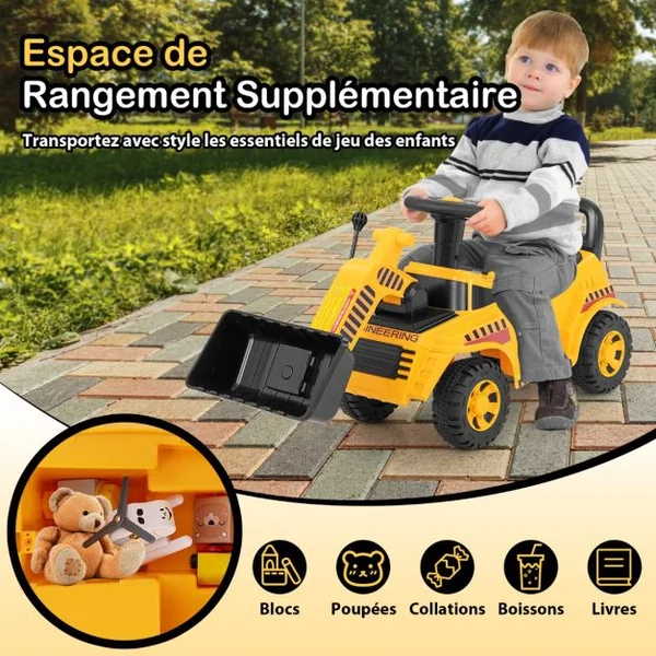 Bulldozer pour Enfants Pelleteuse avec Godet Réglable Son de Moteur Rangement Véhicule de Construction Pied au Sol pour 19 à 36 Mois Jaune