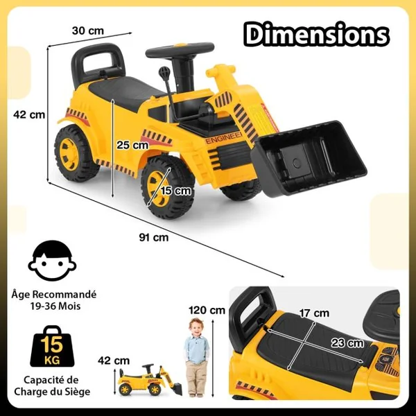 Bulldozer pour Enfants Pelleteuse avec Godet Réglable Son de Moteur Rangement Véhicule de Construction Pied au Sol pour 19 à 36 Mois Jaune