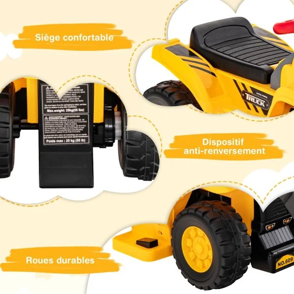 Bulldozer Électrique pour Enfants Jouet de Construction avec Godet Contrôlable Rangement Caché Effets Sonores Panier de Basket Pliable et 3 Balles Jaune Noir