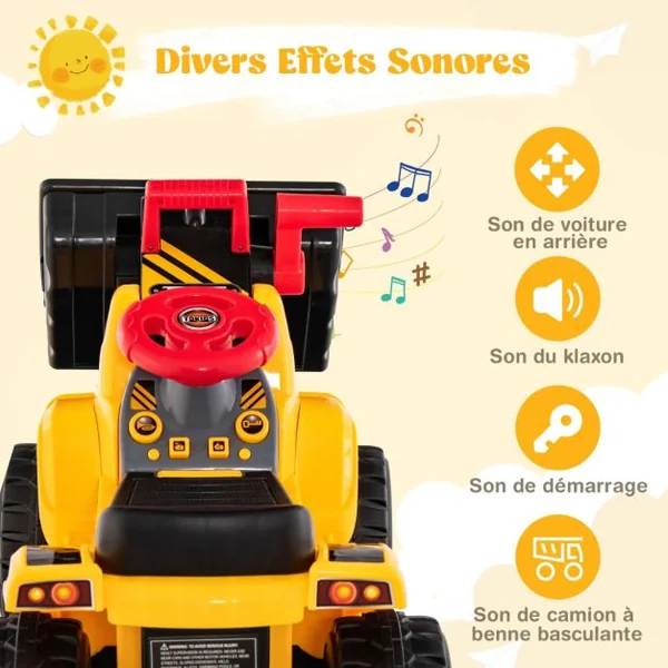 Bulldozer Électrique pour Enfants Jouet de Construction avec Godet Contrôlable Rangement Caché Effets Sonores Panier de Basket Pliable et 3 Balles Jaune Noir