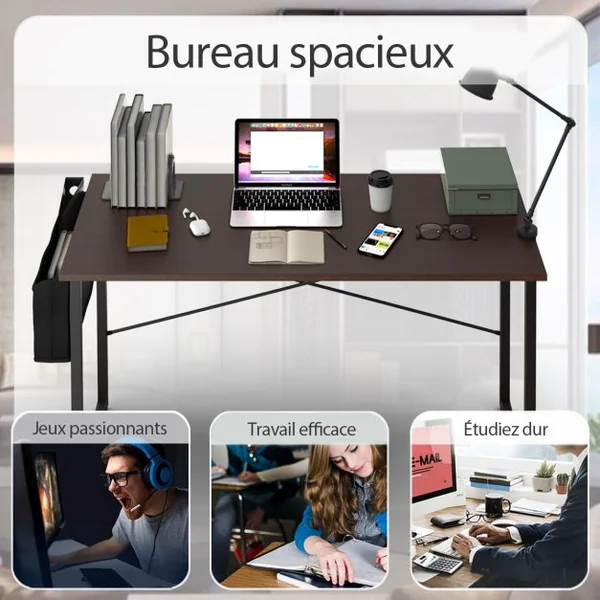 Bureau 120 x 51 x 76 CM Porte-documents Latéral Cadre en Métal Table de Travail Style Industriel Café