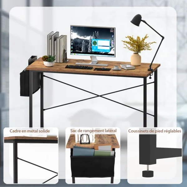 Bureau 120 x 51 x 76 CM Porte-documents Latéral Cadre en Métal Table de Travail Style Industriel Marron