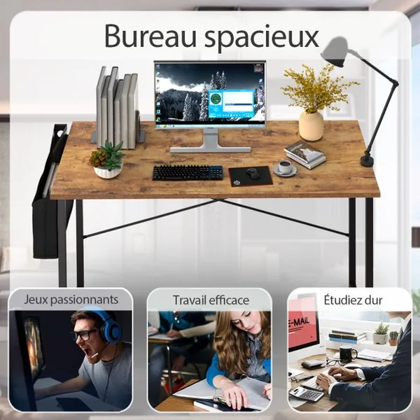 Bureau 120 x 51 x 76 CM Porte-documents Latéral Cadre en Métal Table de Travail Style Industriel Marron