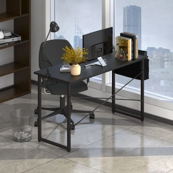 Bureau 120 x 51 x 76 CM Porte-documents Latéral Cadre en Métal Table de Travail Style Industriel Noir
