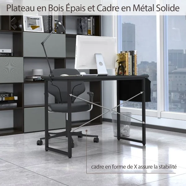 Bureau 120 x 51 x 76 CM Porte-documents Latéral Cadre en Métal Table de Travail Style Industriel Noir
