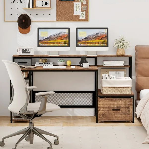 Bureau 170 Cm avec Support pour Ecran et Tiroir Grand Bureau avec Prises de Courant Ports Usb Poste de Travail Marron Rustique