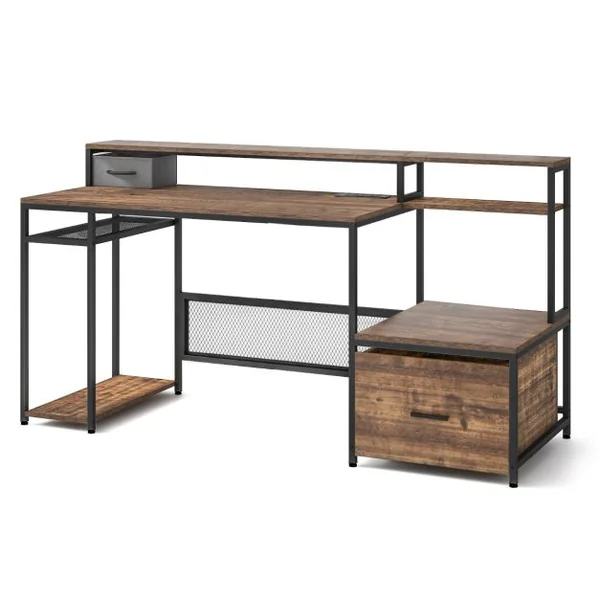 Bureau 170 Cm avec Support pour Ecran et Tiroir Grand Bureau avec Prises de Courant Ports Usb Poste de Travail Marron Rustique