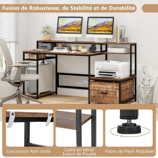 Bureau 170 Cm avec Support pour Ecran et Tiroir Grand Bureau avec Prises de Courant Ports Usb Poste de Travail Marron Rustique