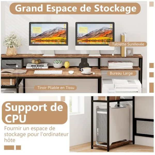Bureau 170 Cm avec Support pour Ecran et Tiroir Grand Bureau avec Prises de Courant Ports Usb Poste de Travail Marron Rustique