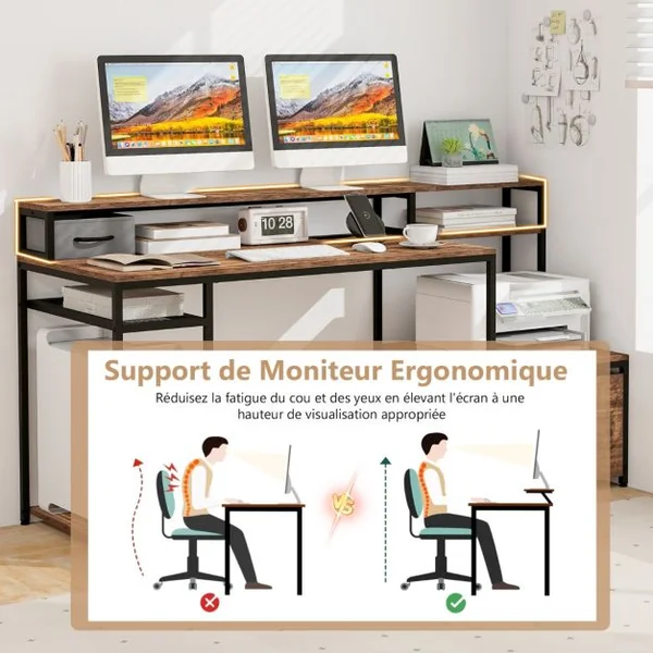 Bureau 170 Cm avec Support pour Ecran et Tiroir Grand Bureau avec Prises de Courant Ports Usb Poste de Travail Marron Rustique