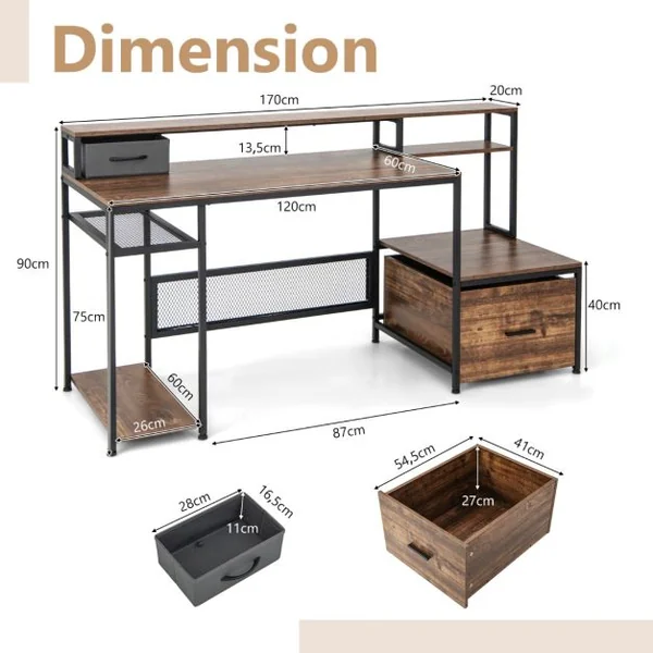 Bureau 170 Cm avec Support pour Ecran et Tiroir Grand Bureau avec Prises de Courant Ports Usb Poste de Travail Marron Rustique