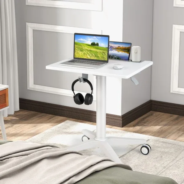 Bureau Assis Debout 71 x 48 x 77-107 cm Table Hauteur Réglable avec Porte pour Gobelet Casque Tablette Levage Pneumatique Blanc