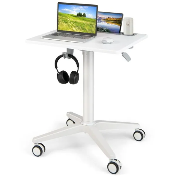 Bureau Assis Debout 71 x 48 x 77-107 cm Table Hauteur Réglable avec Porte pour Gobelet Casque Tablette Levage Pneumatique Blanc