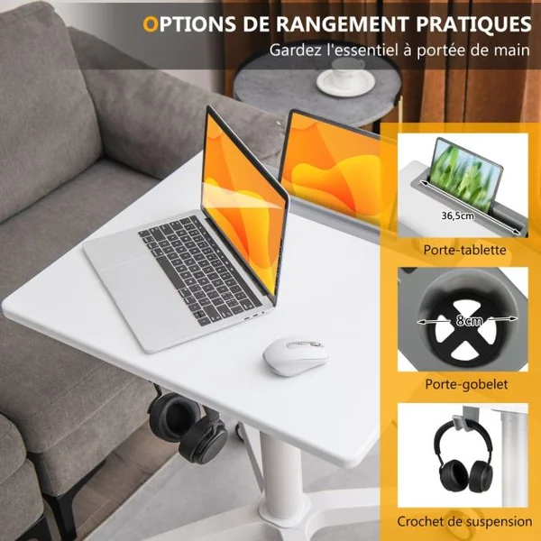 Bureau Assis Debout 71 x 48 x 77-107 cm Table Hauteur Réglable avec Porte pour Gobelet Casque Tablette Levage Pneumatique Blanc