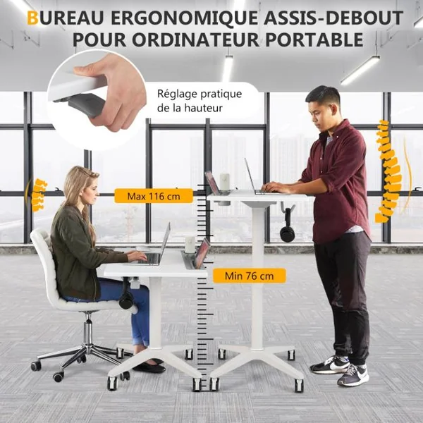 Bureau Assis Debout 71 x 48 x 77-107 cm Table Hauteur Réglable avec Porte pour Gobelet Casque Tablette Levage Pneumatique Blanc