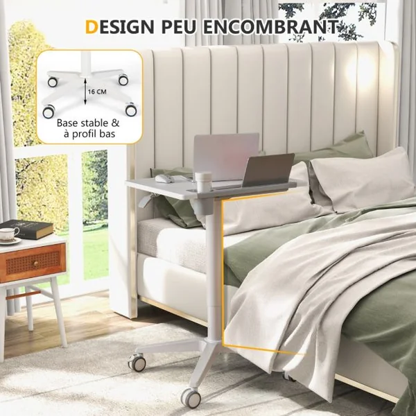 Bureau Assis Debout 71 x 48 x 77-107 cm Table Hauteur Réglable avec Porte pour Gobelet Casque Tablette Levage Pneumatique Blanc