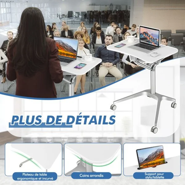 Bureau Assis Debout Mobile 47,5x71,5cm à 4 Roulettes PU Pupitre Podium Mobile Hauteur Réglable 78-107 cm Blanc