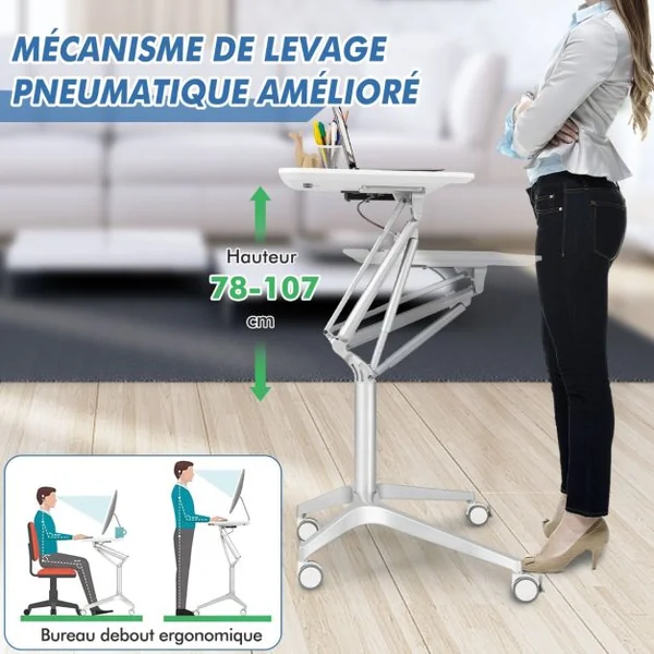 Bureau Assis Debout Mobile 47,5x71,5cm à 4 Roulettes PU Pupitre Podium Mobile Hauteur Réglable 78-107 cm Blanc