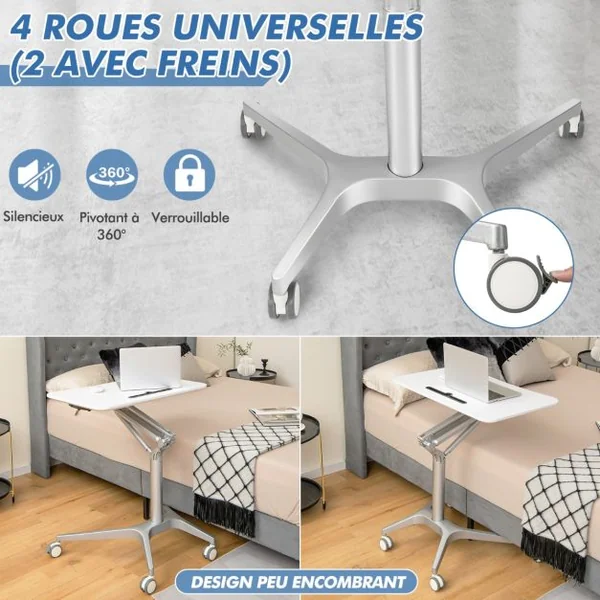 Bureau Assis Debout Mobile 47,5x71,5cm à 4 Roulettes PU Pupitre Podium Mobile Hauteur Réglable 78-107 cm Blanc
