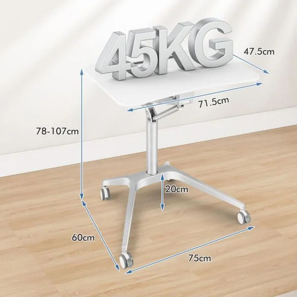 Bureau Assis Debout Mobile 47,5x71,5cm à 4 Roulettes PU Pupitre Podium Mobile Hauteur Réglable 78-107 cm Blanc