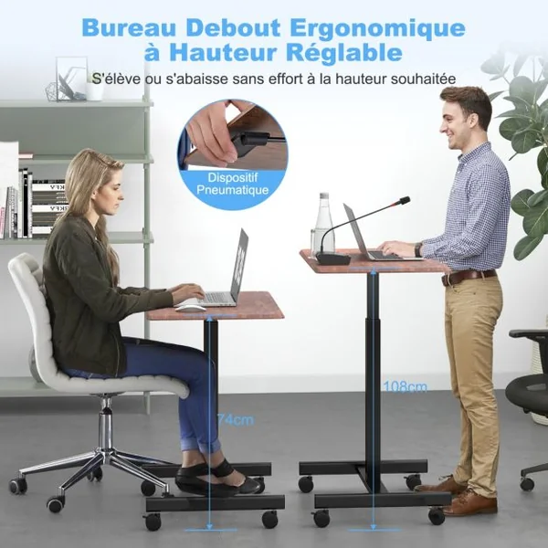Bureau Assis Debout Mobile Bureau d’Ordinateur Réglable en Hauteur en Métal Poste de Travail Portable avec Roulettes Marron Rustique