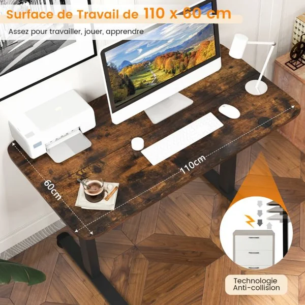 Bureau Assis Debout Électrique 110 x 60 x 71,5-115,5 cm Réglable en Hauteur Mono-Moteur Système Anti-Collision Charge : 80 KG Marron