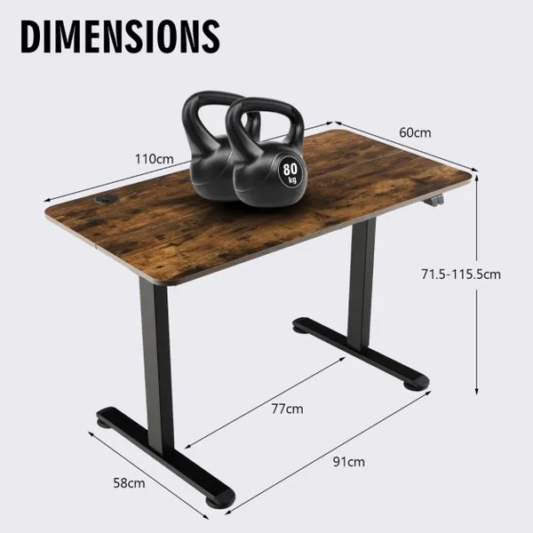 Bureau Assis Debout Électrique 110 x 60 x 71,5-115,5 cm Réglable en Hauteur Mono-Moteur Système Anti-Collision Charge : 80 KG Marron