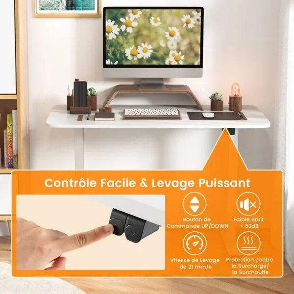 Bureau Assis Debout Électrique 110 x 60 x 71,5-115,5 cm Réglable en Hauteur Mono-Moteur Système Anti-Collision Charge : 80KG Blanc