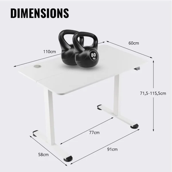 Bureau Assis Debout Électrique 110 x 60 x 71,5-115,5 cm Réglable en Hauteur Mono-Moteur Système Anti-Collision Charge : 80KG Blanc