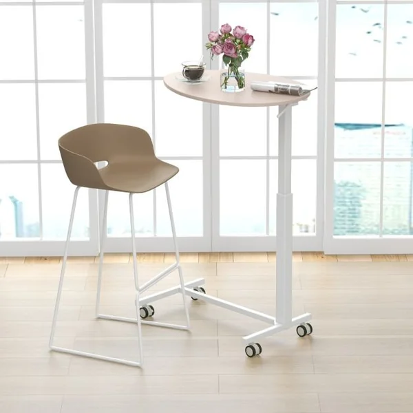 Bureau Assis-debout Mobile Bureau Roulant Réglable en Hauteur avec Vérin Pneumatique Bureau avec Roulettes Verrouillables Charge statique 75 kg Rose+Blanc