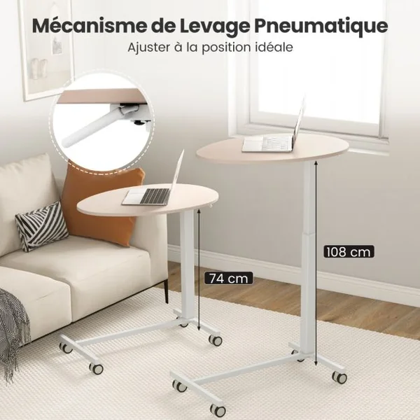 Bureau Assis-debout Mobile Bureau Roulant Réglable en Hauteur avec Vérin Pneumatique Bureau avec Roulettes Verrouillables Charge statique 75 kg Rose+Blanc