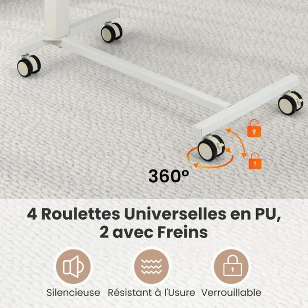 Bureau Assis-debout Mobile Bureau Roulant Réglable en Hauteur avec Vérin Pneumatique Bureau avec Roulettes Verrouillables Charge statique 75 kg Rose+Blanc