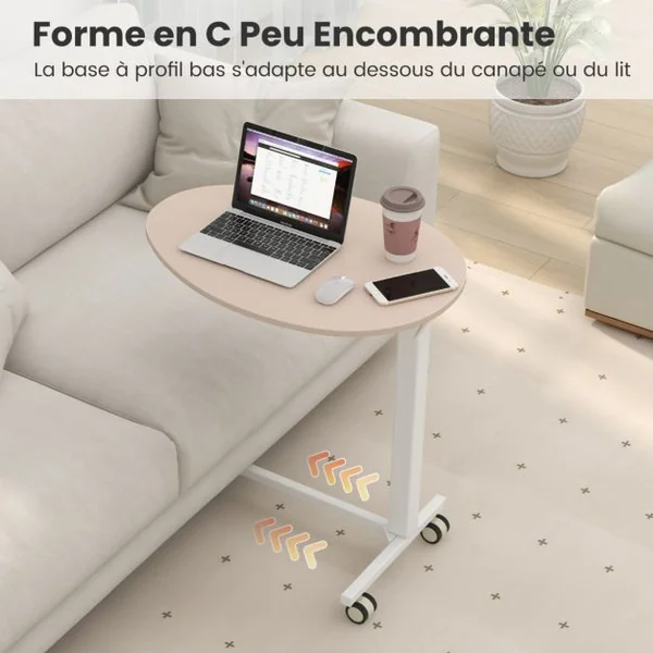 Bureau Assis-debout Mobile Bureau Roulant Réglable en Hauteur avec Vérin Pneumatique Bureau avec Roulettes Verrouillables Charge statique 75 kg Rose+Blanc