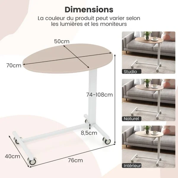 Bureau Assis-debout Mobile Bureau Roulant Réglable en Hauteur avec Vérin Pneumatique Bureau avec Roulettes Verrouillables Charge statique 75 kg Rose+Blanc