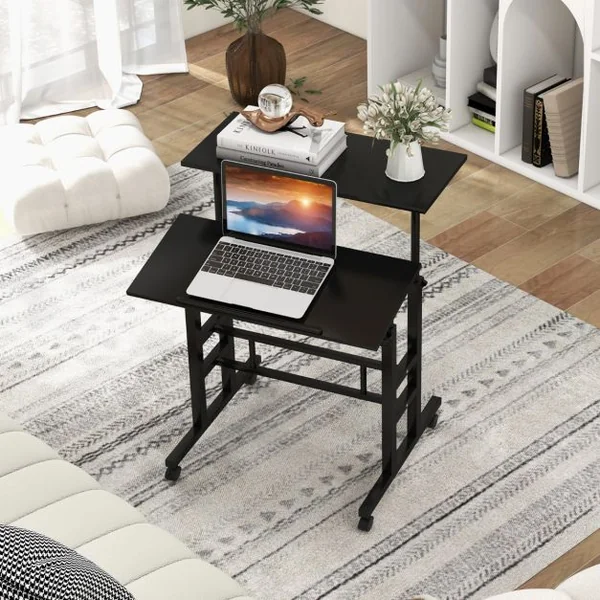 Bureau Assis-Debout à Roulettes Table Imformatique pour Ordinateur Hauteur Réglable Poste de Travail Inclinable Noir