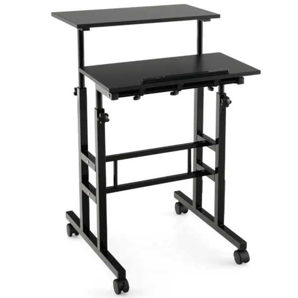 Bureau Assis-Debout à Roulettes Table Imformatique pour Ordinateur Hauteur Réglable Poste de Travail Inclinable Noir